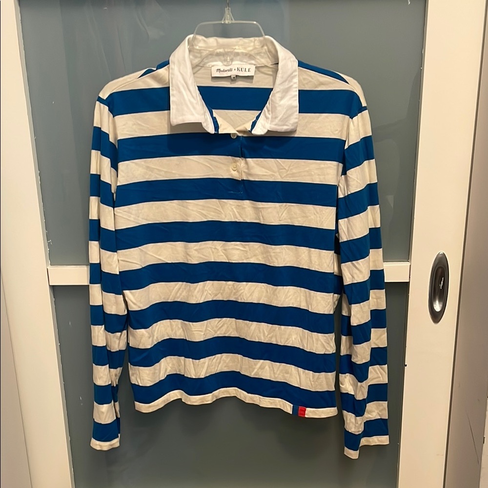 Madewell x KULE Blue and White Striped Long Sleeve Polo Tee, M